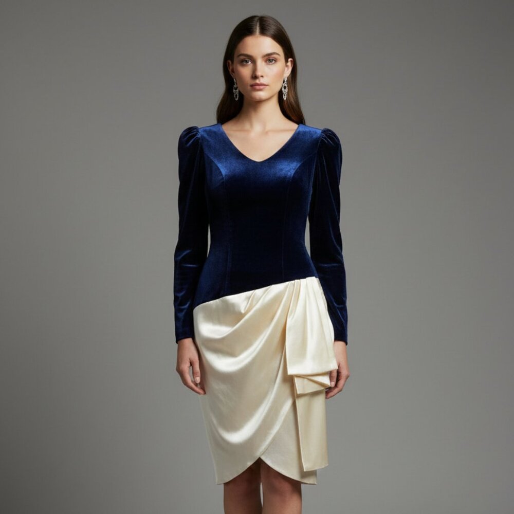 Dark Blue Velvet & Ivory Satin Winter Dress (NWT)